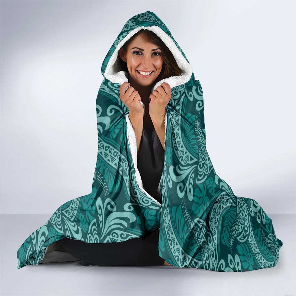 Teal Monstera Hooded Blanket Polynesian Tribal Pattern - Polynesian Pride