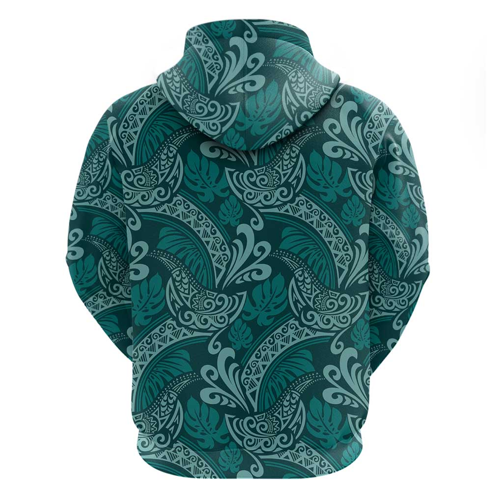 Teal Monstera Hoodie Polynesian Tribal Pattern - Polynesian Pride