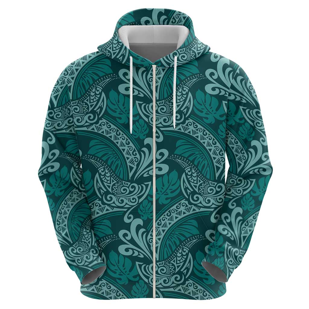 Teal Monstera Hoodie Polynesian Tribal Pattern - Polynesian Pride