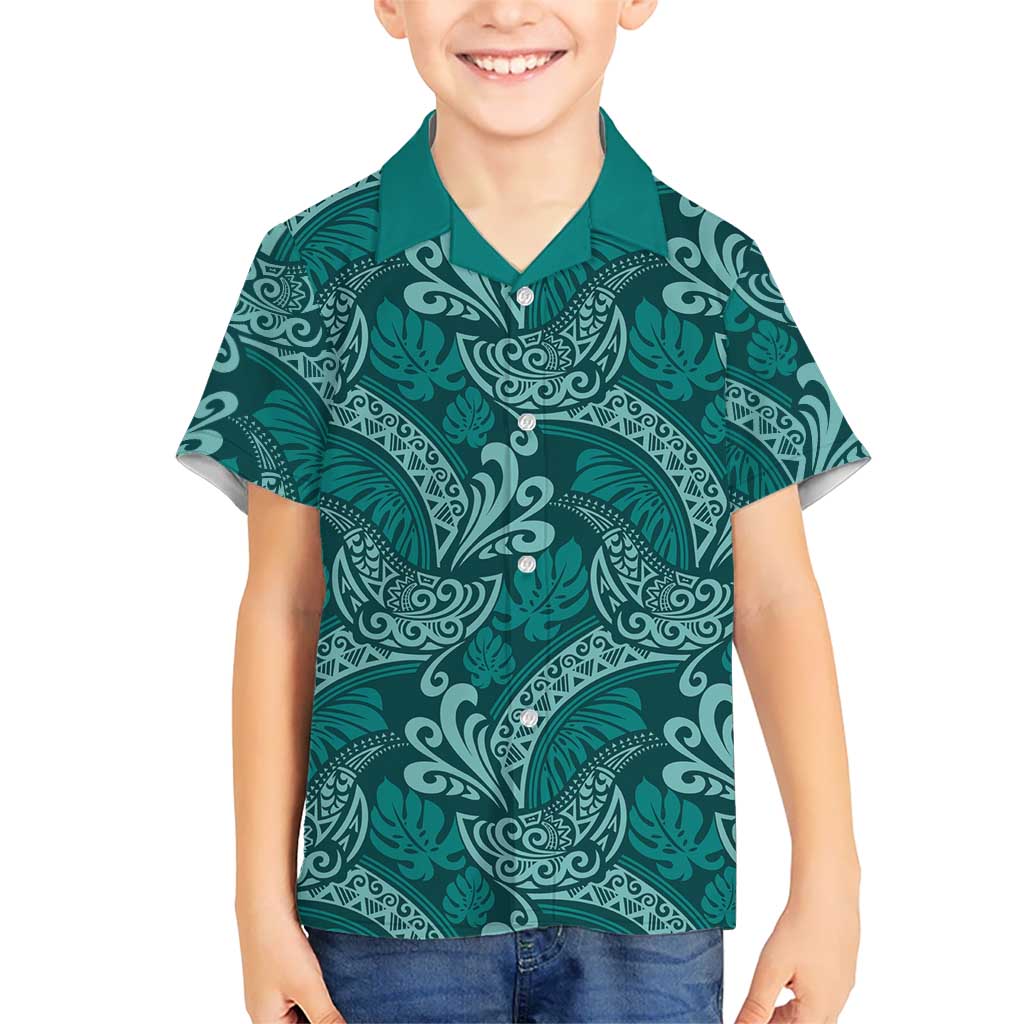 Teal Monstera Kid Hawaiian Shirt Polynesian Tribal Pattern - Polynesian Pride