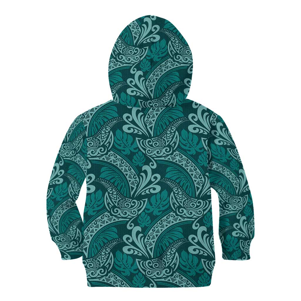 Teal Monstera Kid Hoodie Polynesian Tribal Pattern - Polynesian Pride