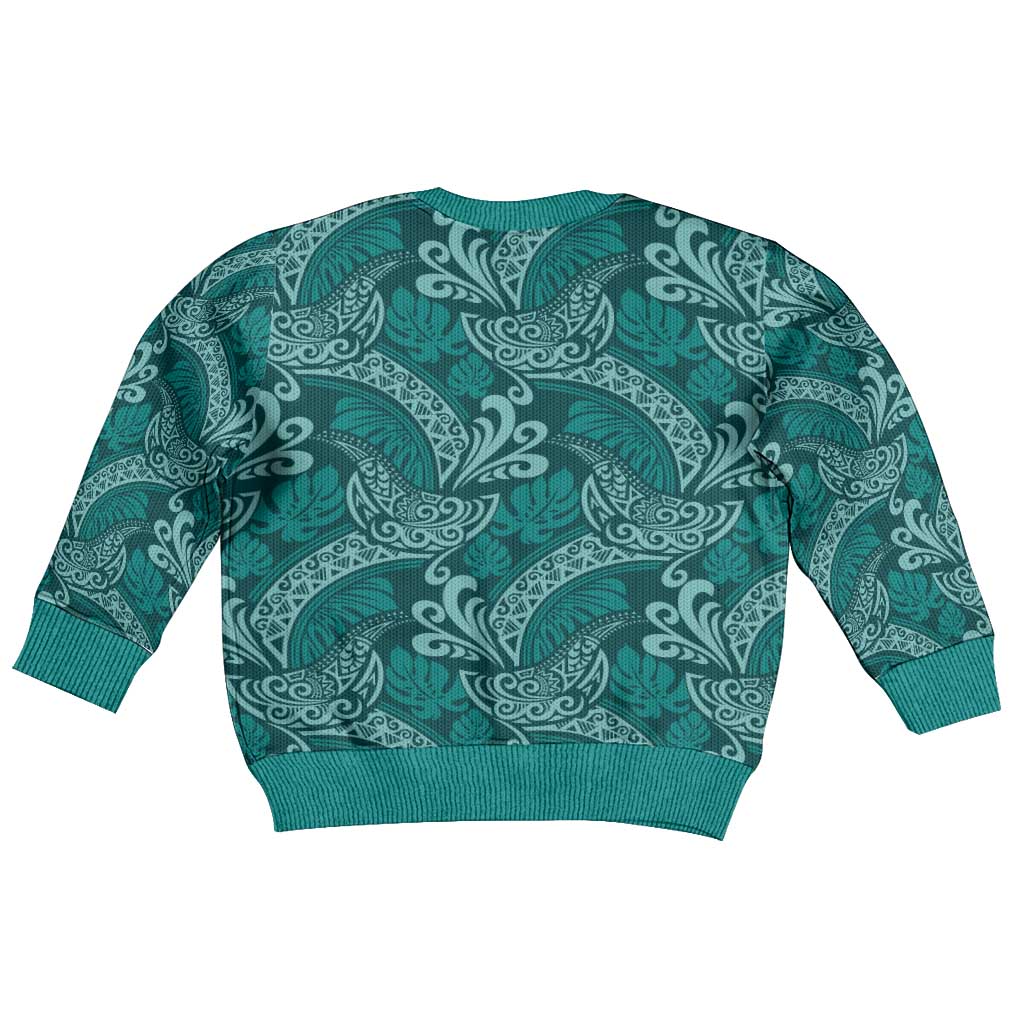 Teal Monstera Kid Ugly Christmas Sweater Polynesian Tribal Pattern - Polynesian Pride