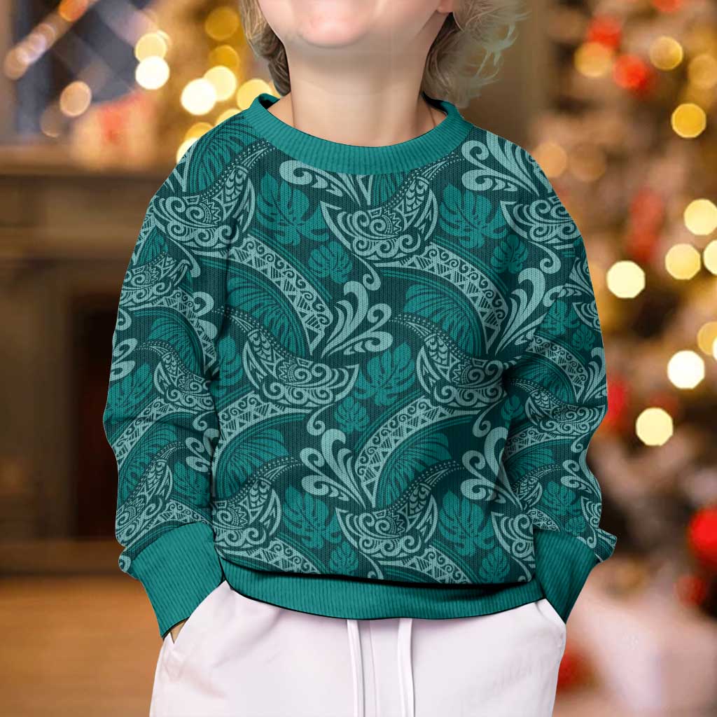 Teal Monstera Kid Ugly Christmas Sweater Polynesian Tribal Pattern - Polynesian Pride