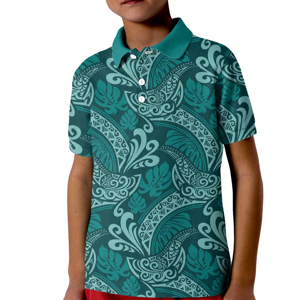 Teal Monstera Kid Polo Shirt Polynesian Tribal Pattern - Polynesian Pride