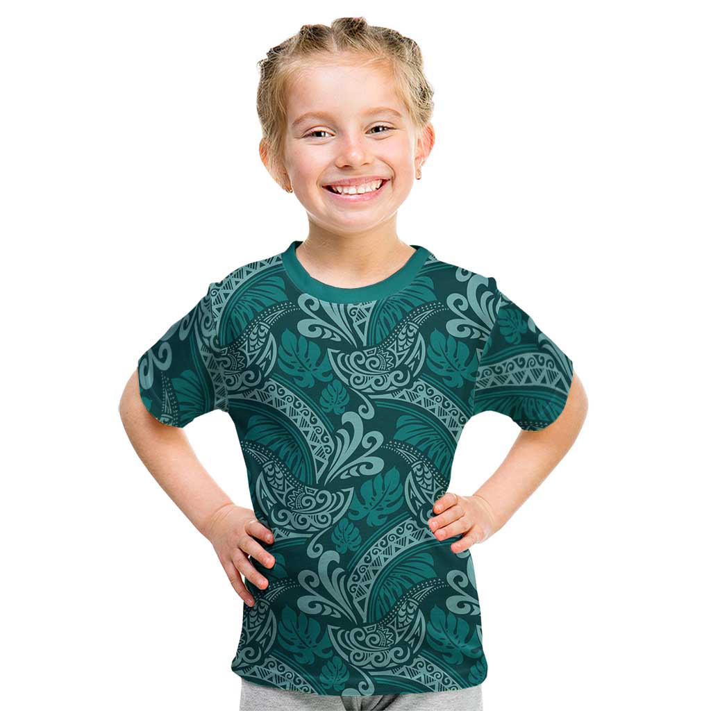 Teal Monstera Kid T Shirt Polynesian Tribal Pattern - Polynesian Pride
