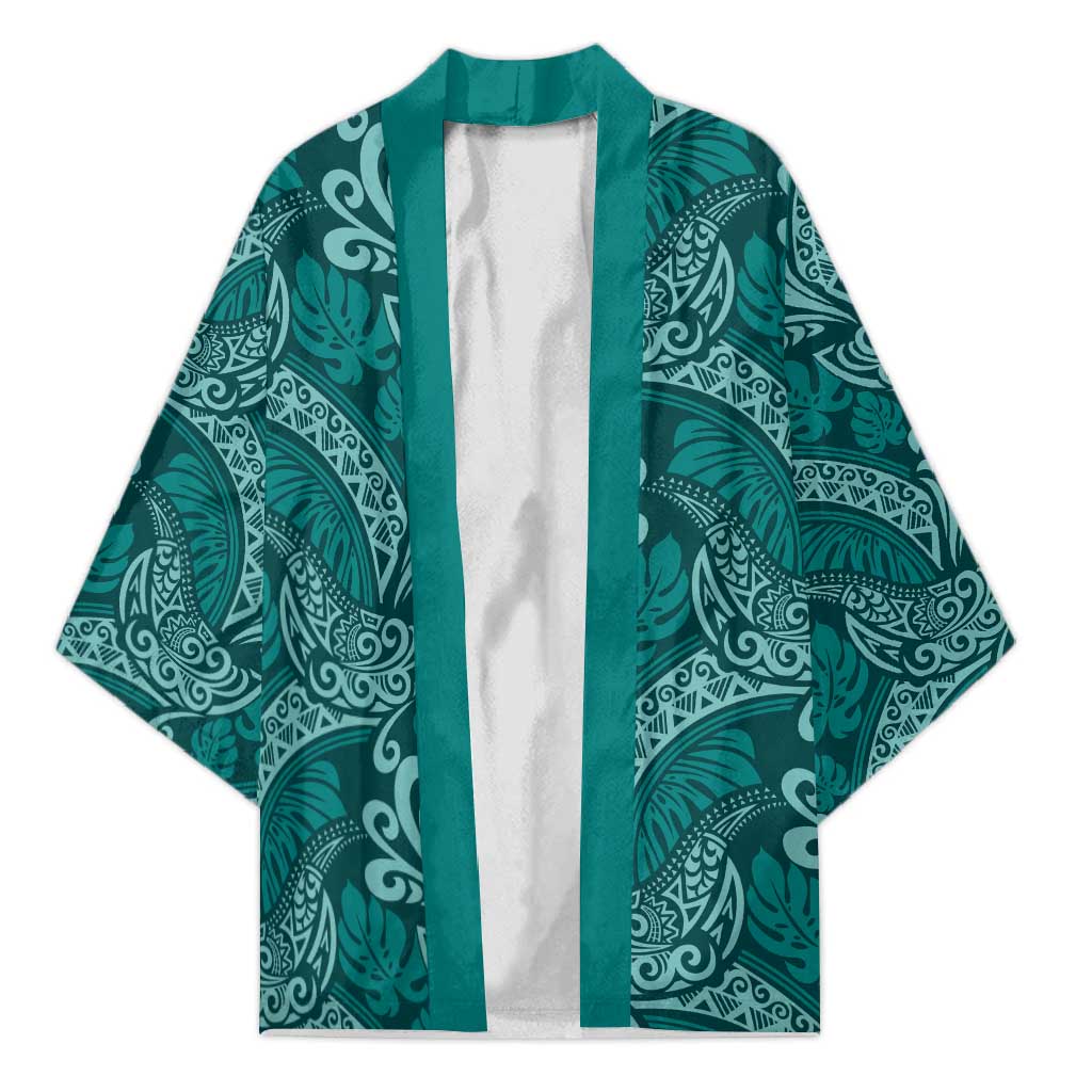 Teal Monstera Kimono Polynesian Tribal Pattern - Polynesian Pride