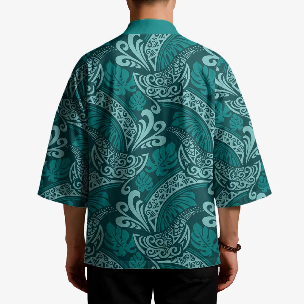 Teal Monstera Kimono Polynesian Tribal Pattern - Polynesian Pride