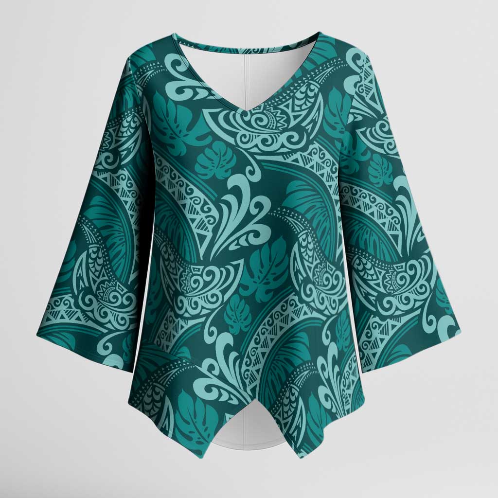 Teal Monstera Kimono Sleeve Blouse Polynesian Tribal Pattern - Polynesian Pride
