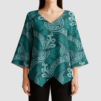 Teal Monstera Kimono Sleeve Blouse Polynesian Tribal Pattern - Polynesian Pride