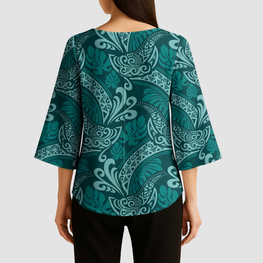 Teal Monstera Kimono Sleeve Blouse Polynesian Tribal Pattern - Polynesian Pride