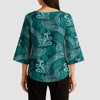 Teal Monstera Kimono Sleeve Blouse Polynesian Tribal Pattern - Polynesian Pride
