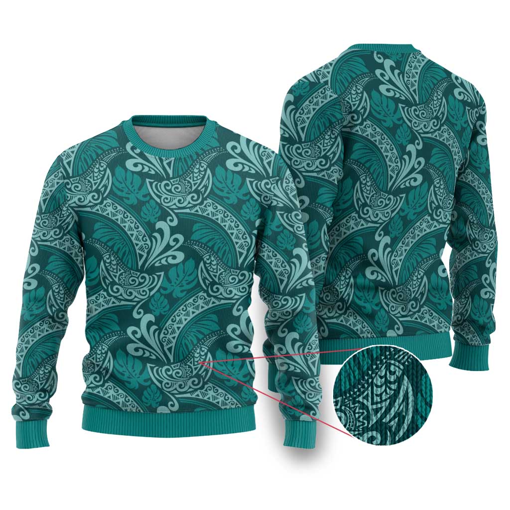 Teal Monstera Ugly Christmas Sweater Polynesian Tribal Pattern - Polynesian Pride
