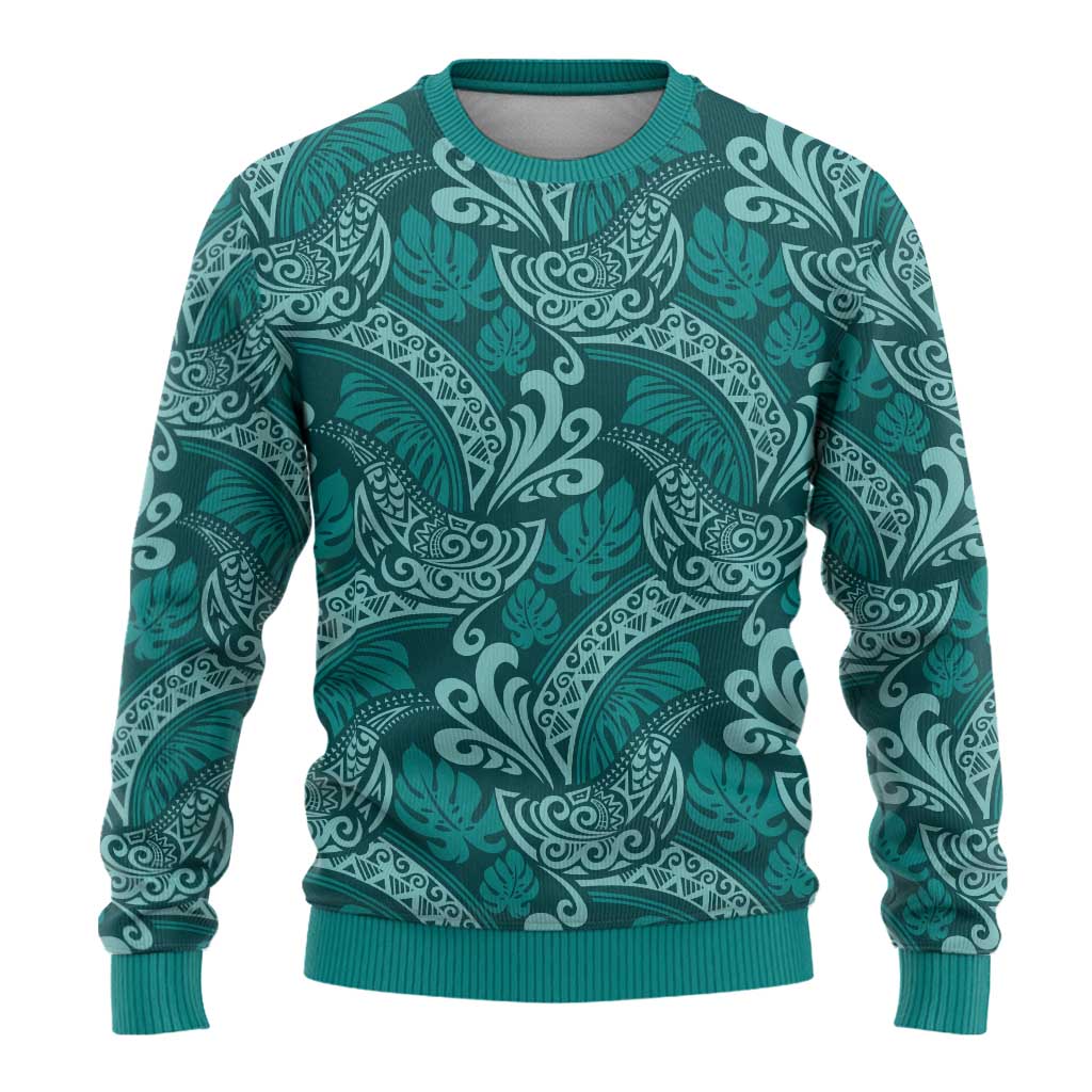 Teal Monstera Ugly Christmas Sweater Polynesian Tribal Pattern - Polynesian Pride