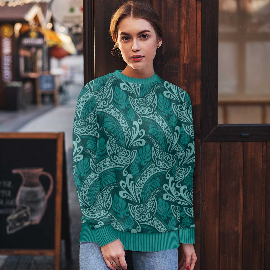 Teal Monstera Ugly Christmas Sweater Polynesian Tribal Pattern - Polynesian Pride