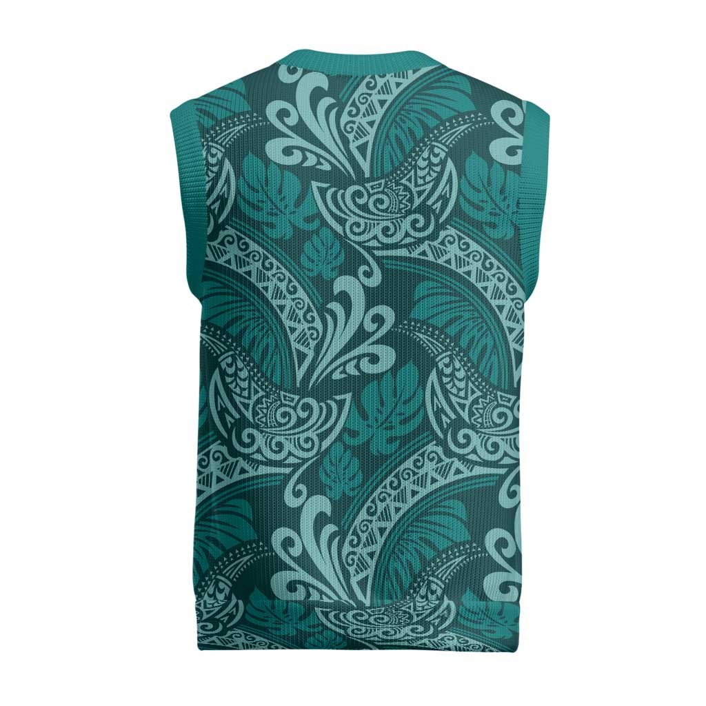Teal Monstera Christmas Knitted V-Neck Vest Polynesian Tribal Pattern - Polynesian Pride