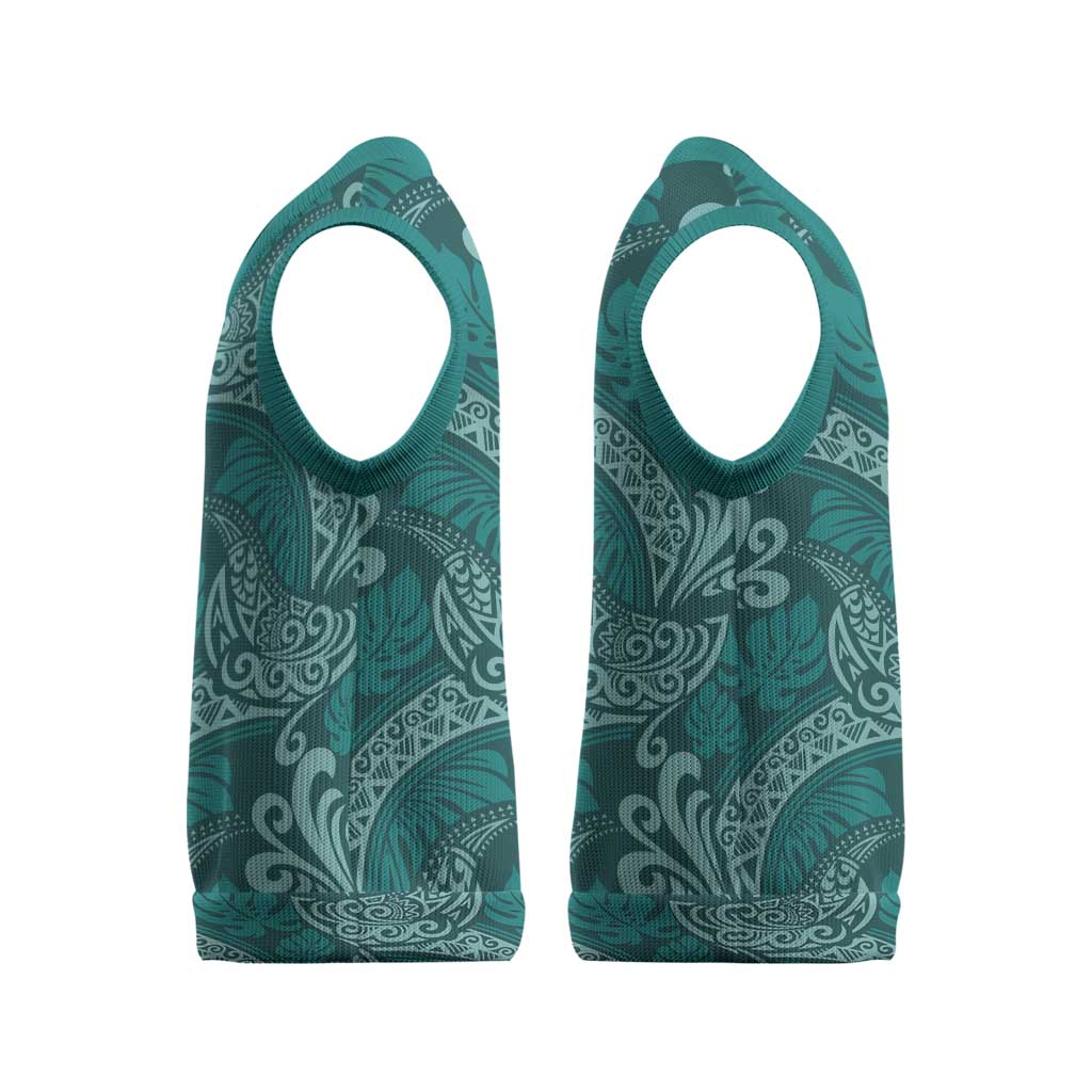 Teal Monstera Christmas Knitted V-Neck Vest Polynesian Tribal Pattern - Polynesian Pride