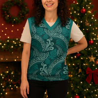 Teal Monstera Christmas Knitted V-Neck Vest Polynesian Tribal Pattern - Polynesian Pride
