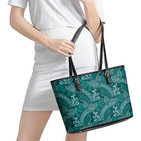 Teal Monstera Leather Tote Bag Polynesian Tribal Pattern - Polynesian Pride