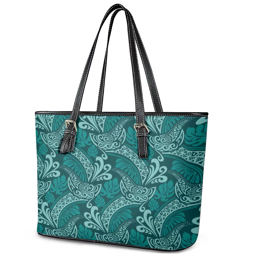 Teal Monstera Leather Tote Bag Polynesian Tribal Pattern - Polynesian Pride