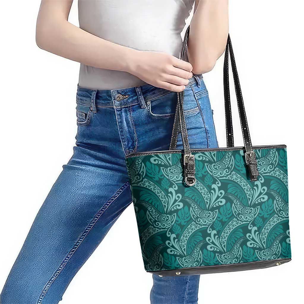 Teal Monstera Leather Tote Bag Polynesian Tribal Pattern - Polynesian Pride