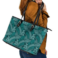 Teal Monstera Leather Tote Bag Polynesian Tribal Pattern - Polynesian Pride