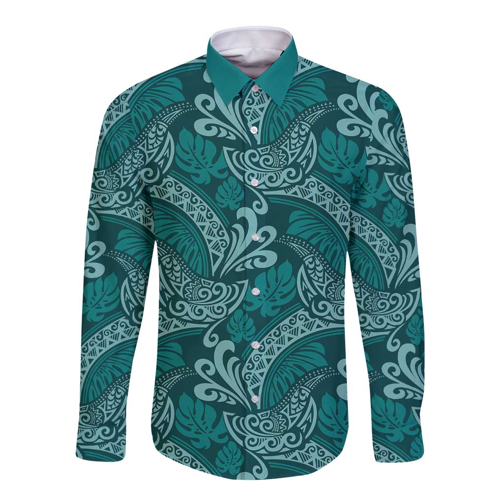 Teal Monstera Long Sleeve Button Shirt Polynesian Tribal Pattern - Polynesian Pride