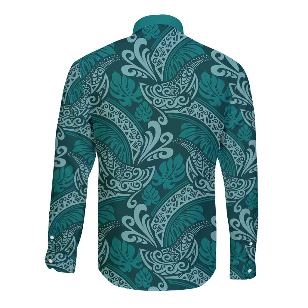 Teal Monstera Long Sleeve Button Shirt Polynesian Tribal Pattern - Polynesian Pride