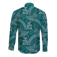 Teal Monstera Long Sleeve Button Shirt Polynesian Tribal Pattern - Polynesian Pride