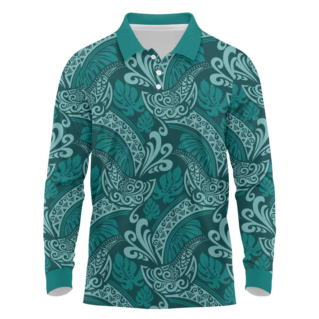 Teal Monstera Long Sleeve Polo Shirt Polynesian Tribal Pattern - Polynesian Pride
