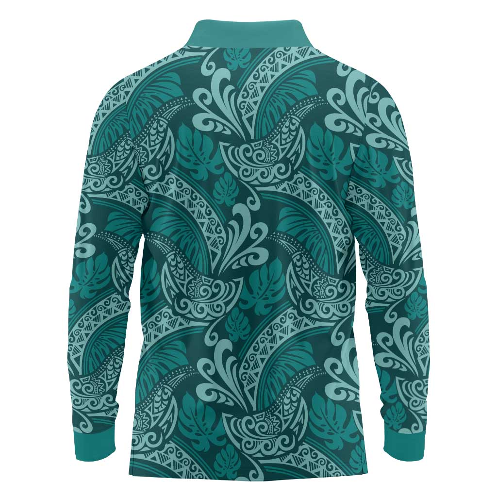 Teal Monstera Long Sleeve Polo Shirt Polynesian Tribal Pattern - Polynesian Pride