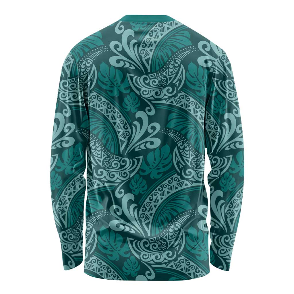Teal Monstera Long Sleeve Shirt Polynesian Tribal Pattern - Polynesian Pride