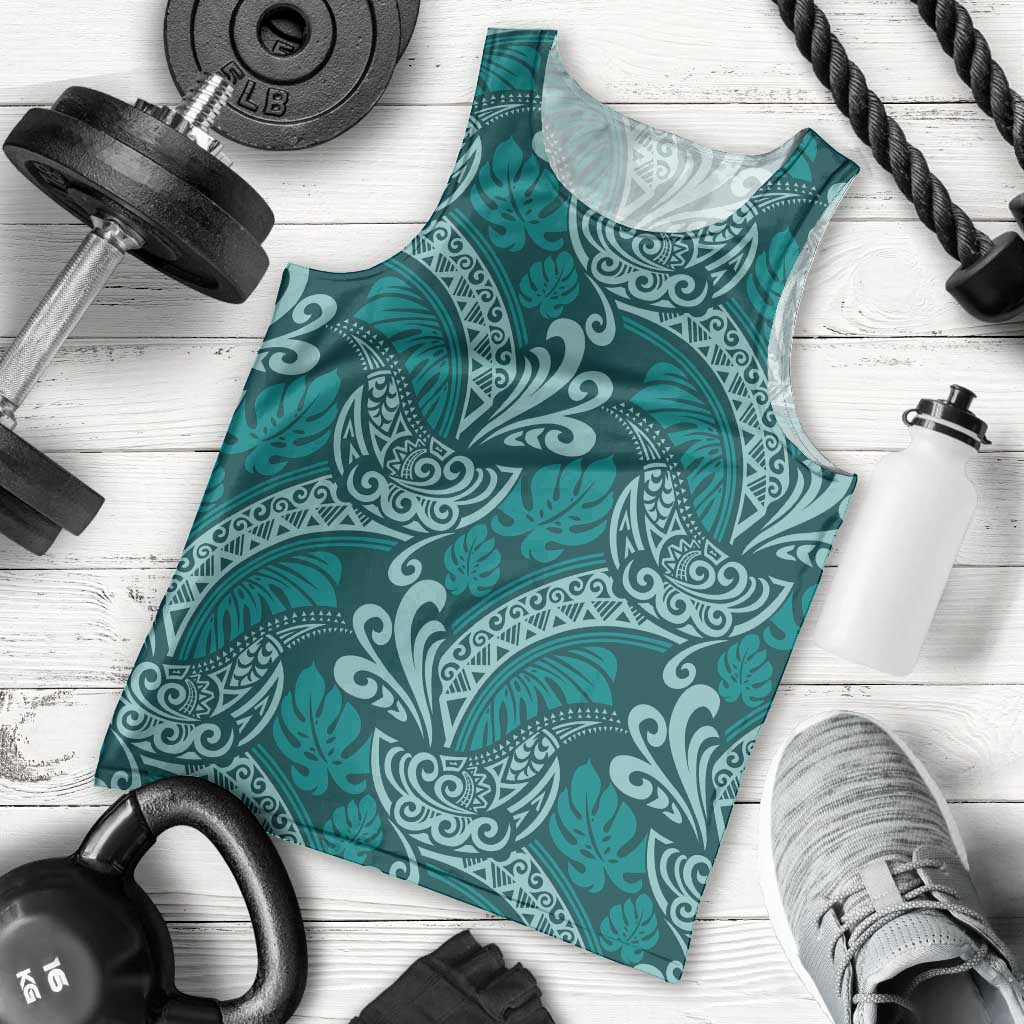 Teal Monstera Men Tank Top Polynesian Tribal Pattern - Polynesian Pride