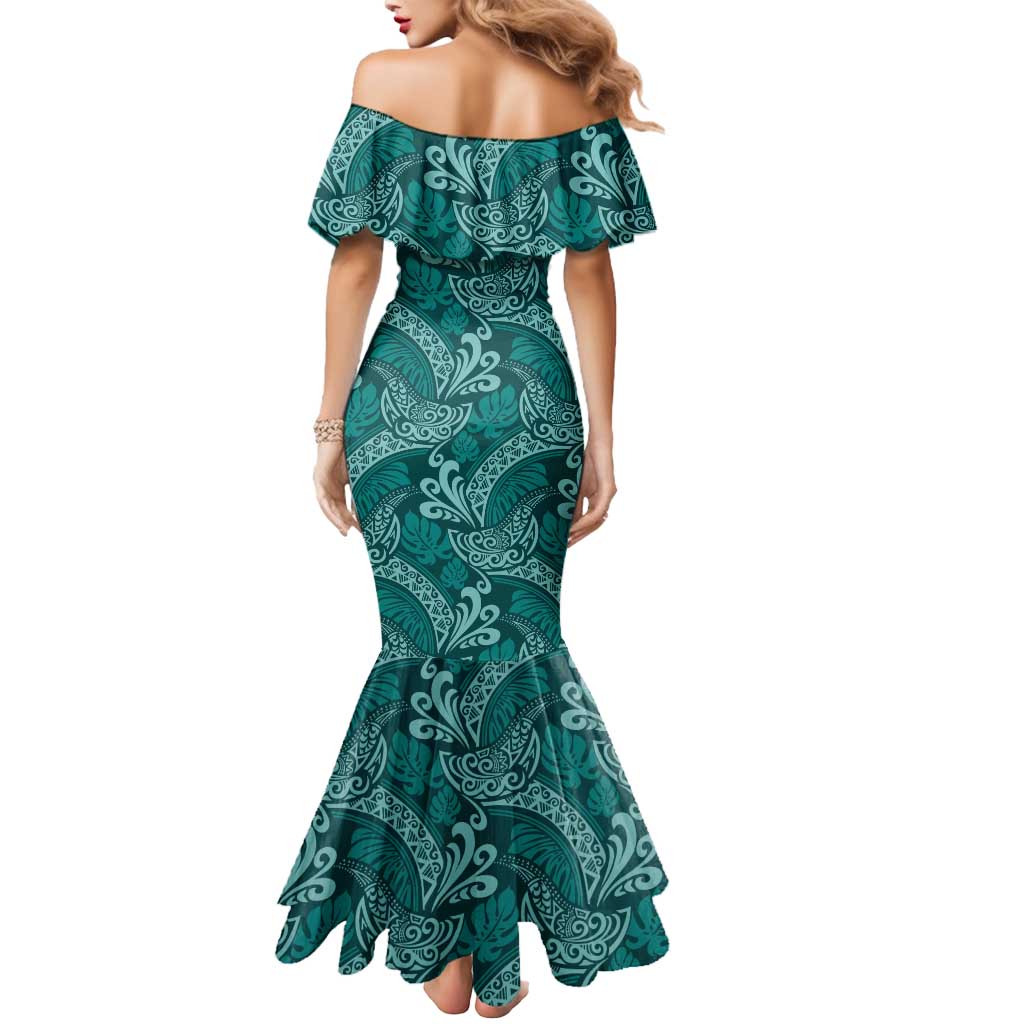 Teal Monstera Mermaid Dress Polynesian Tribal Pattern - Polynesian Pride