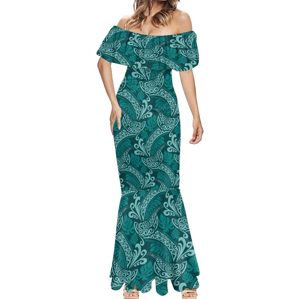 Teal Monstera Mermaid Dress Polynesian Tribal Pattern - Polynesian Pride