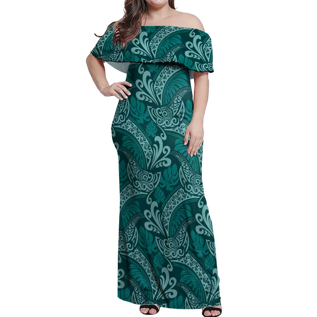Teal Monstera Off Shoulder Maxi Dress Polynesian Tribal Pattern - Polynesian Pride