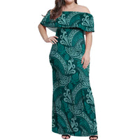 Teal Monstera Off Shoulder Maxi Dress Polynesian Tribal Pattern - Polynesian Pride