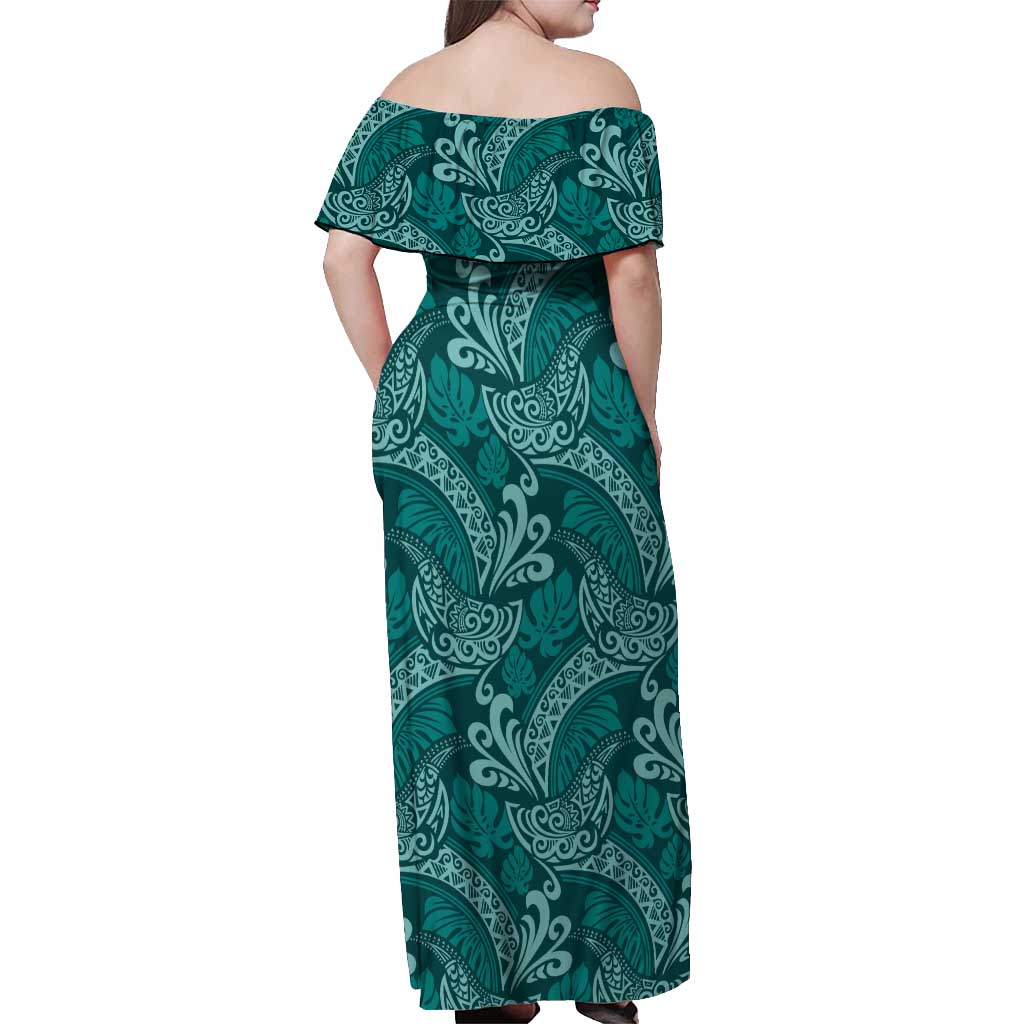 Teal Monstera Off Shoulder Maxi Dress Polynesian Tribal Pattern - Polynesian Pride