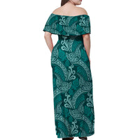Teal Monstera Off Shoulder Maxi Dress Polynesian Tribal Pattern - Polynesian Pride