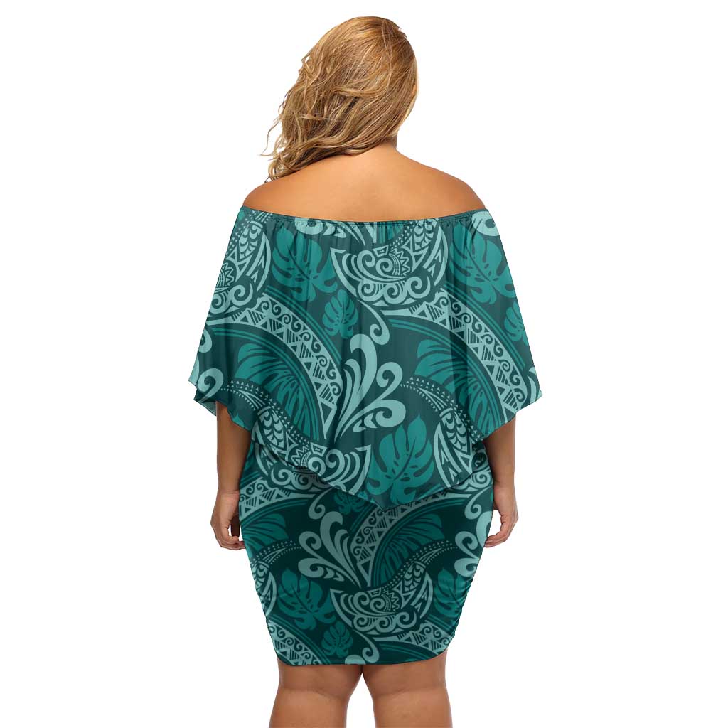 Teal Monstera Off Shoulder Short Dress Polynesian Tribal Pattern - Polynesian Pride