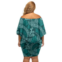 Teal Monstera Off Shoulder Short Dress Polynesian Tribal Pattern - Polynesian Pride