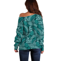 Teal Monstera Off Shoulder Sweater Polynesian Tribal Pattern - Polynesian Pride