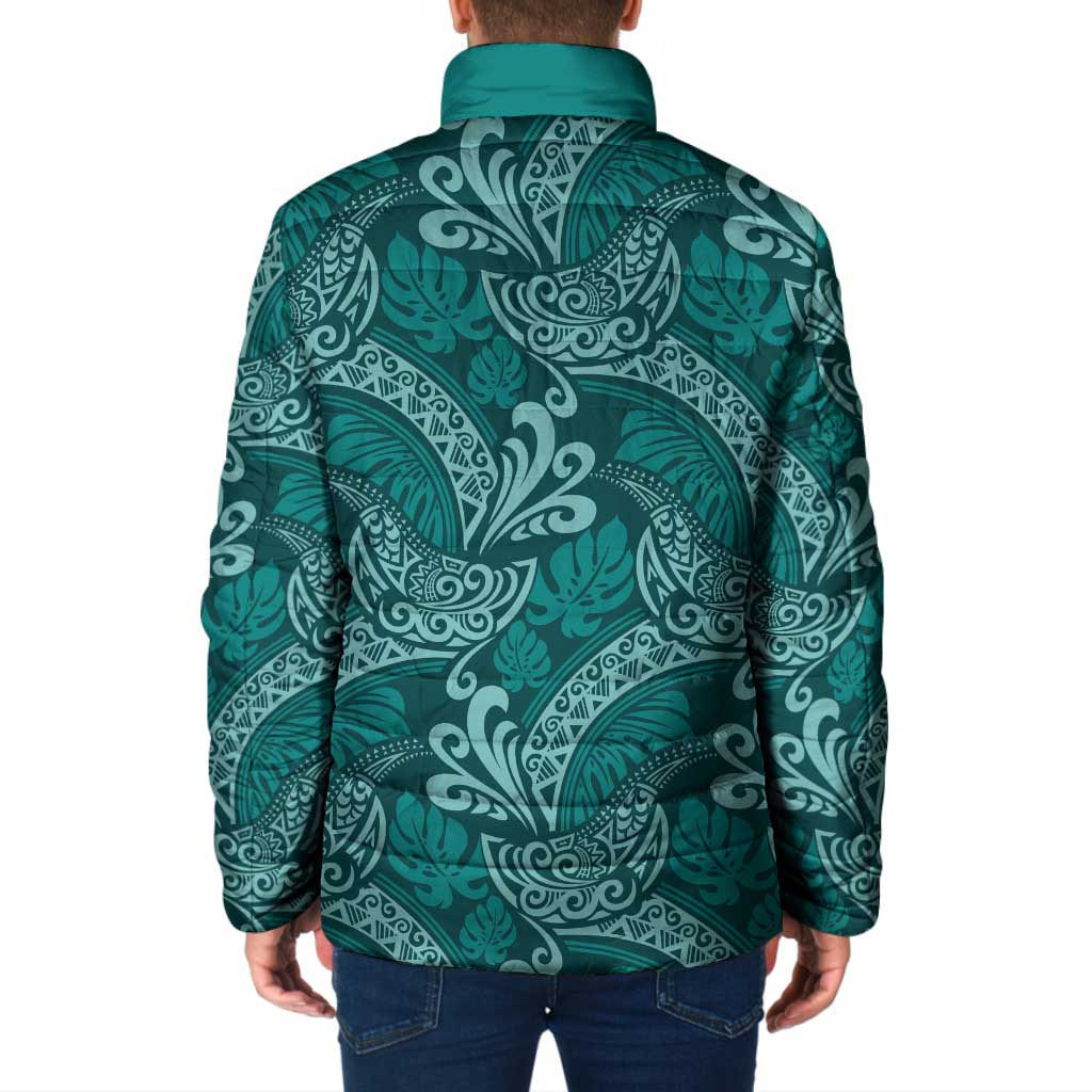 Teal Monstera Padded Jacket Polynesian Tribal Pattern - Polynesian Pride