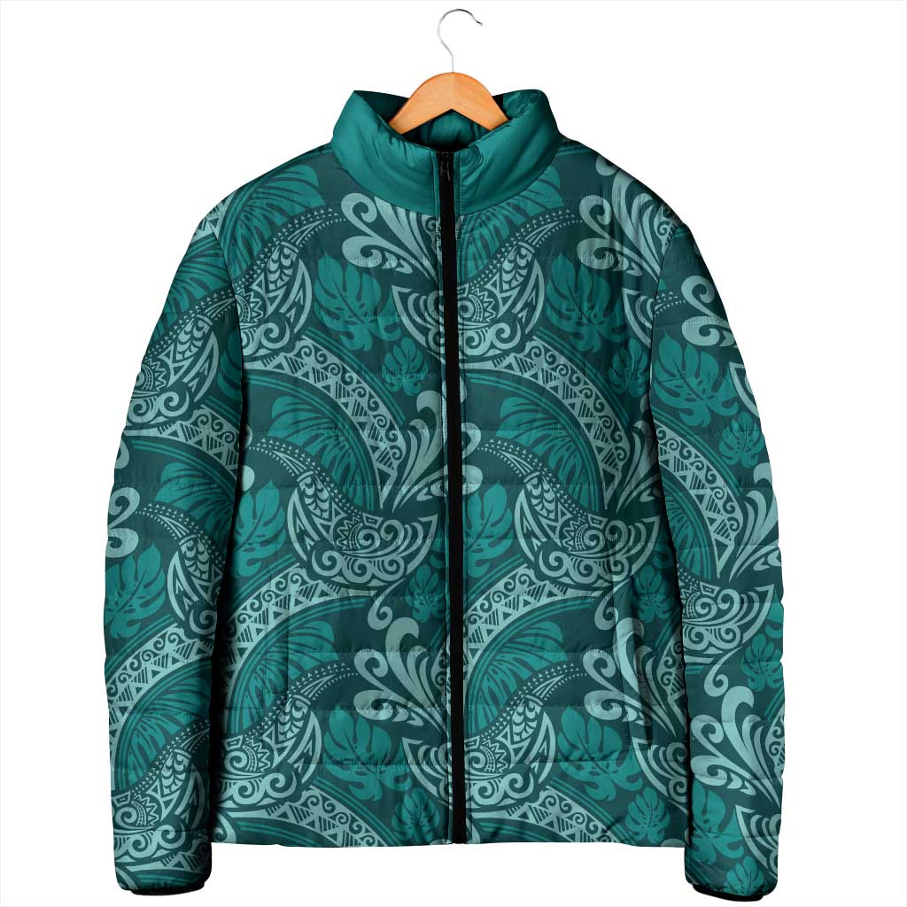 Teal Monstera Padded Jacket Polynesian Tribal Pattern - Polynesian Pride