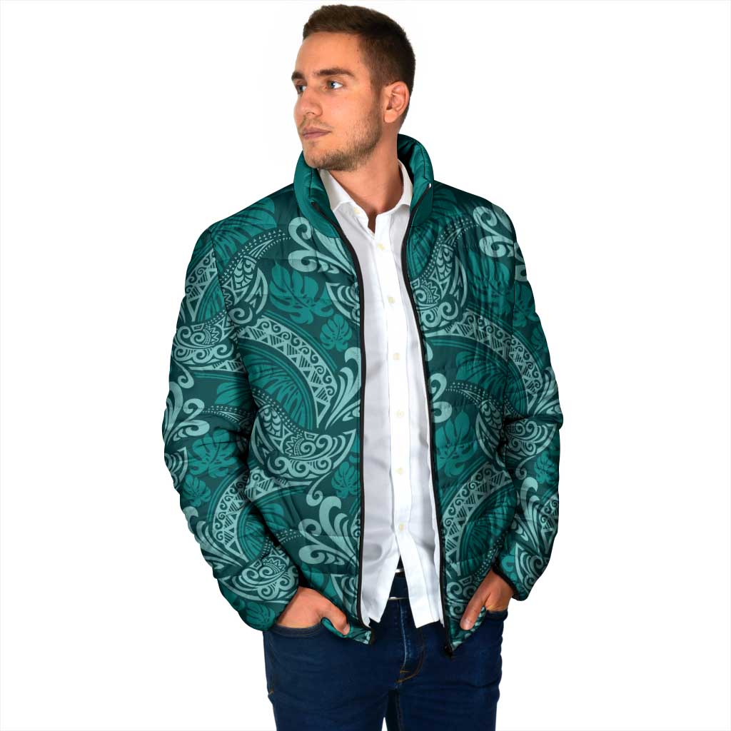 Teal Monstera Padded Jacket Polynesian Tribal Pattern - Polynesian Pride