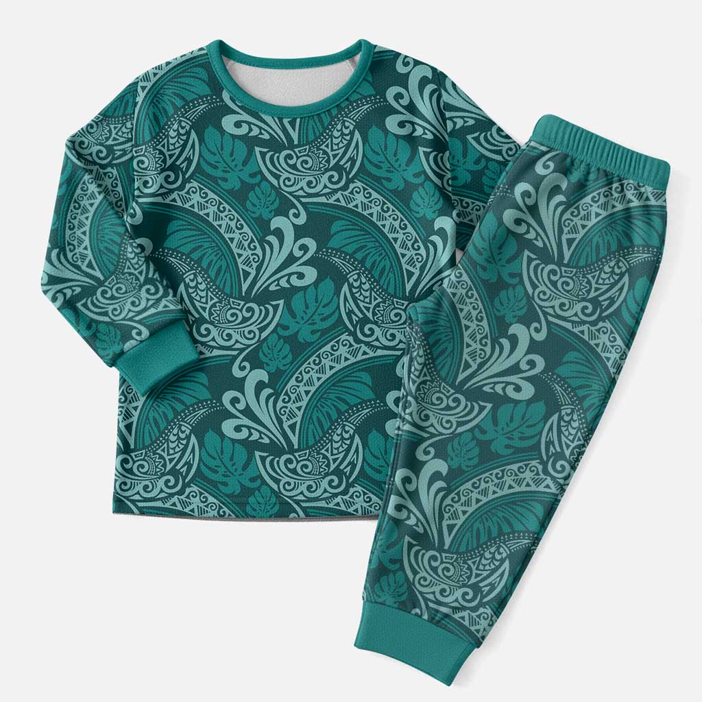 Teal Monstera Christmas Pajama Set Polynesian Tribal Pattern - Polynesian Pride