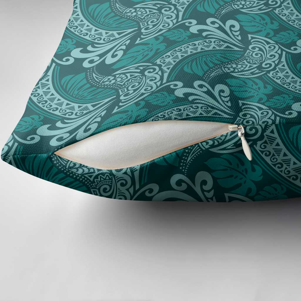 Teal Monstera Pillow Cover Polynesian Tribal Pattern - Polynesian Pride