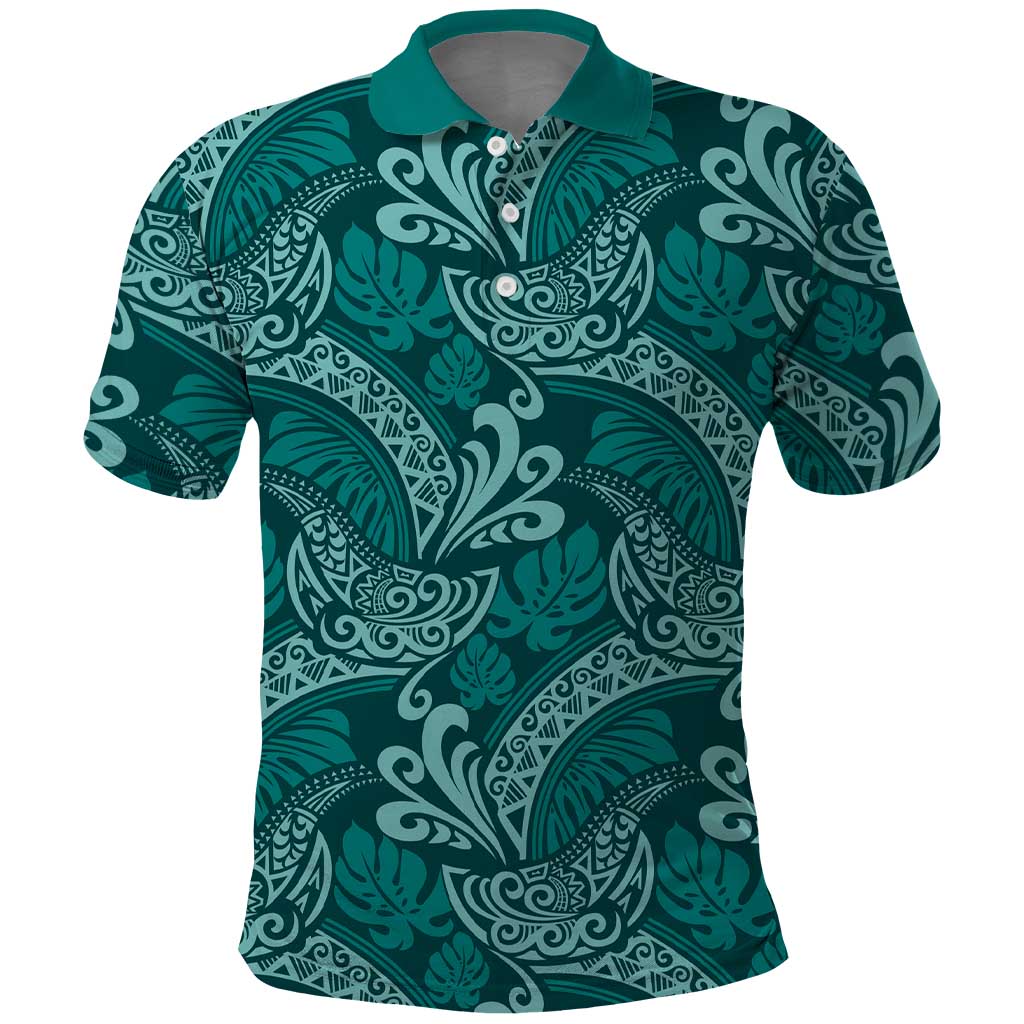 Teal Monstera Polo Shirt Polynesian Tribal Pattern - Polynesian Pride