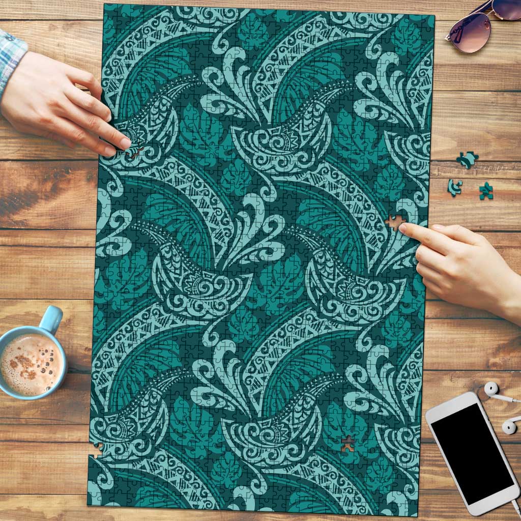 Teal Monstera Puzzle Polynesian Tribal Pattern - Polynesian Pride