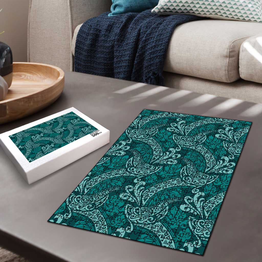 Teal Monstera Puzzle Polynesian Tribal Pattern - Polynesian Pride
