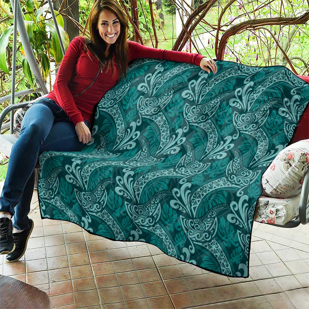 Teal Monstera Quilt Polynesian Tribal Pattern - Polynesian Pride